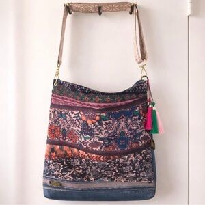 Batik Patchwork Crossbody Bag Boho Floral w/ Tassels & Woven Strap Artisan Style